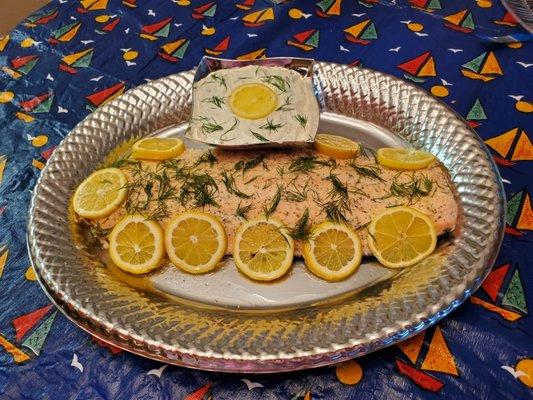 Poached Salmon with Lemon Dill Cucumber Sauce