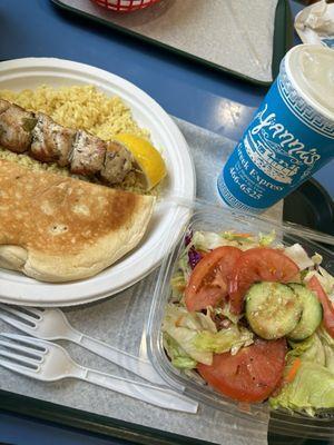 Chicken souvlaki dinner, Greek salad & lemonade