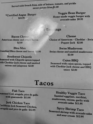 Salad topping and taco menu