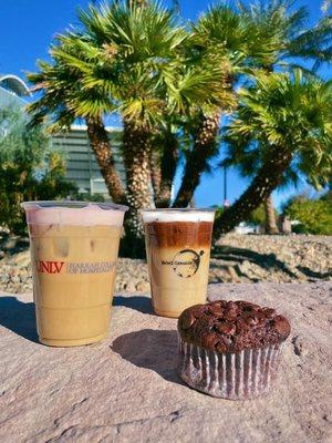 Strawberry Shortcake Latte, Strawberry Caramel Macchiato, and Chocolate Chip Muffin