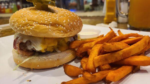 The Ultimate Cheesy Burger with Sweet Potato Fries $15