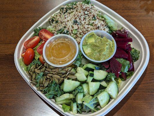 Quinoa Super Greens Salad (Vegan) - Quinoa, Avo, Beets, Edamame, Pumpkin Seeds, Garbanzo, Kale, Romaine, Cherry Tomatoes, Cucumber, Italian