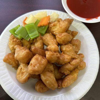 Sweet-and-sour chicken with the sauce on the side.