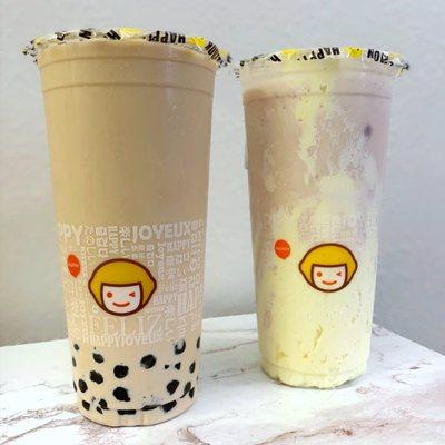 B3. Milk Tea with Rock Salt Crema (L) & K5. Strawberry Shortcake Smoothie (R)