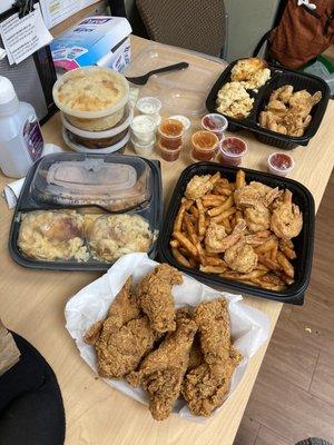 Sides of Mac and Cheese, Candied Yams & Collard Greens. Order of fried chicken & 2 orders of fried shrimp with one side portion size