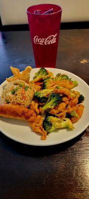 Chicken & broccoli with egg fried rice and egg roll