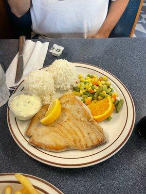 Ahi Entree with rice, fries and veggies.