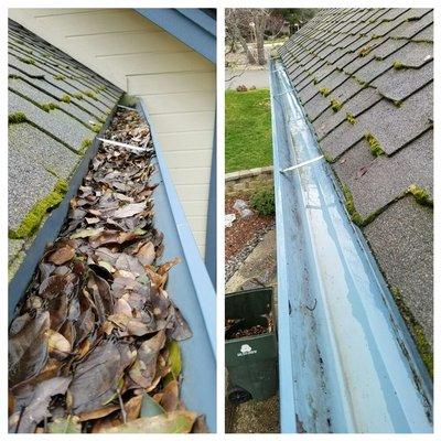 We scoop the gutters by hand, clear the dn spouts and clean up any mess that we make. Your satisfaction is our goal. | Gutter cleaners