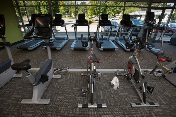 We have personal TV sets with DirecTV on all of our Precor cardio pieces, in addition to four spin bikes with accompanying virtual classes!