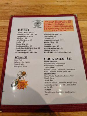 Menu of drinks, and happy hour