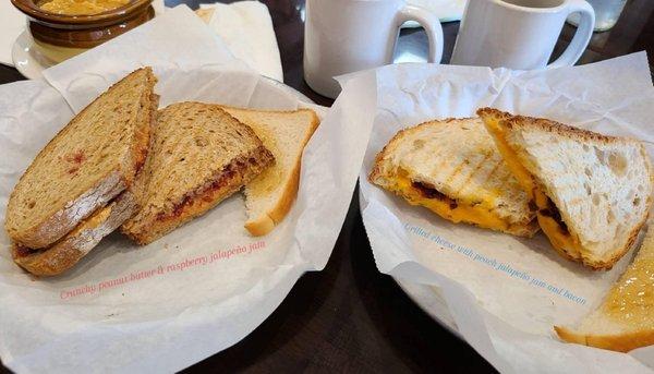 Crunch & Punch on left, Grilled Cheese & Peach Jalapeño Jam + bacon on right