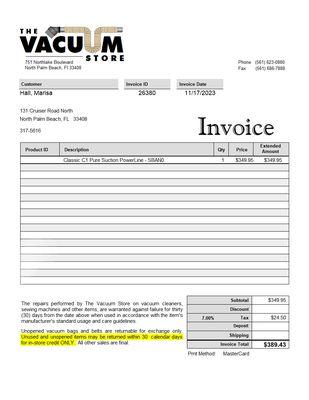 Marisa Hall vacuum purchase incoice/receipt