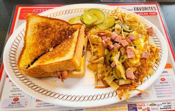 Texas Patty Melt with Smothered, Covered, Chunked  and Peppered Hashbrowns.