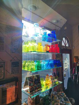 A selection of Blenko glasses in the window along Main Street.