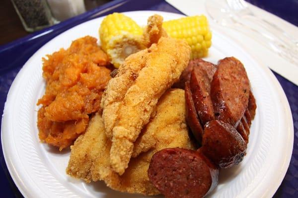 candied sweet potatos, catfish, sausage, and corn - yum!