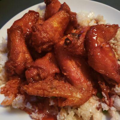 Chicken Wings w/ BBQ Sauce + Young Chow Fried Rice (my fav)