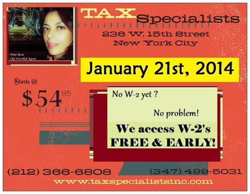 2014 Tax Specialists postcard
Dina Rosa, CEO/Founder, MBA
IRS Enrolled Agent