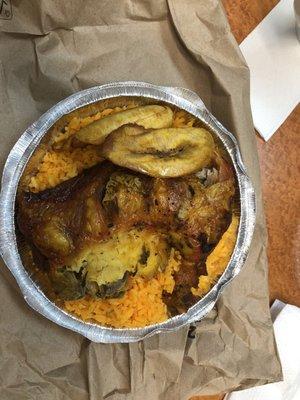 Roast chicken, plantains, yellow rice.