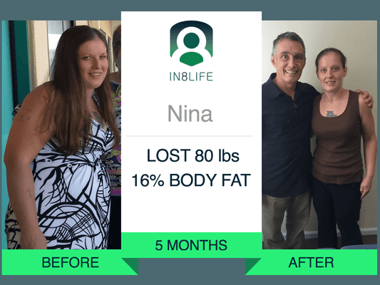 Nina- lost 80 pounds, 16% body fat in only 5 months through our program!