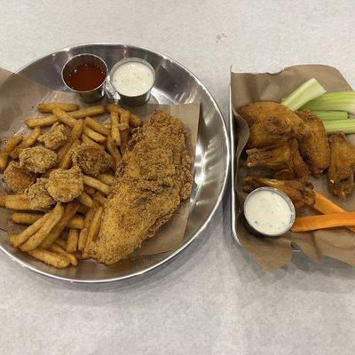 Mix 'n match catfish and shrimp, Cajun wings