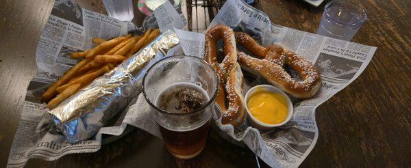 Cheesesteak with fries. Yuengling beer. Real Deal Philly Pretzels.