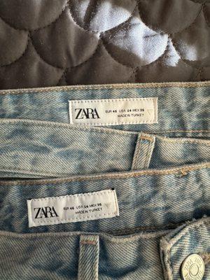 Two pairs of the same jeans labeled the same size, one is incorrect