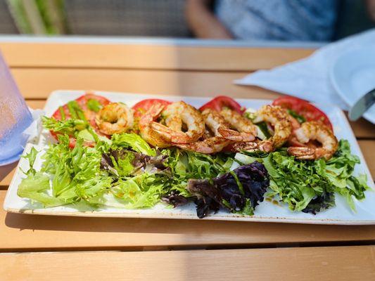 Special of the day - caprese salad with pesto, tomato, mozzarella, spring mix, perfectly grilled shrimp