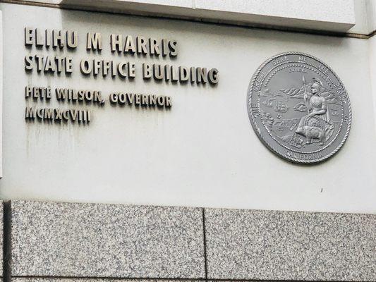 The Great Seal of the State of California affixed to the State Building in Oakland.