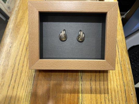 Custom framed earrings in a natural wood shadow box with museum glass!