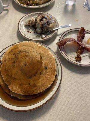 Buttermilk Pancake Special w/ Blueberries, Cinnamon Roll, Eggs, Bacon