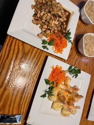 Top plate: Kung Pao (China) Chicken Dinner Bottom plate: Honey Sesame Shrimp (Pacific Paradise) ? I think  Bowls: Plain Fried Rice