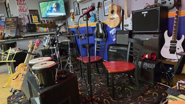 Stage set up for open mics on Wednesdays