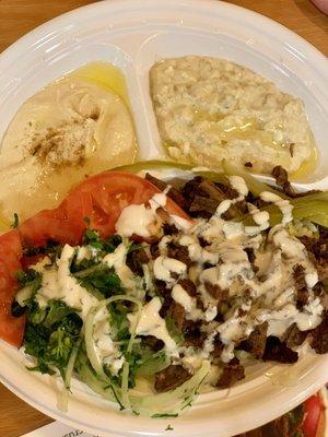 Beef shawarma plate with hummus and baba ganoush.