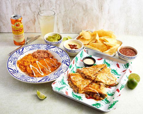 Enchiladas, Chips + Dip Trio, Quesadillas, Margarita