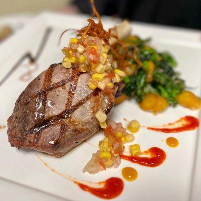 Sakura pork chop with roasted corn salsa