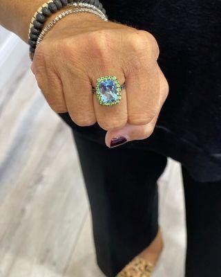 A Bright New Stunner from Italy! 18k Blackened Gold, Color Halo. Sapphires, Tsavorite & Blue Topaz never looked so good!