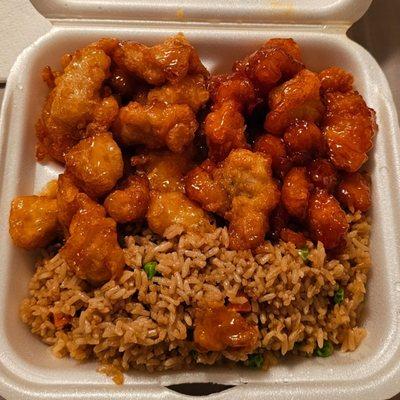 Yum yum chicken (left) overly sweet, overcooked and mushy. Honey chicken (right) overcooked and mushy. Fried rice was ehh.