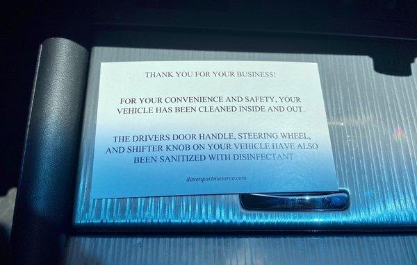 Sanitizer touch points per attached card left in car.