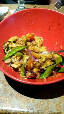 Steak and scallop, seasoning, veggies, honey soy and 3G sauce, fried rice, and cabbage. So good!