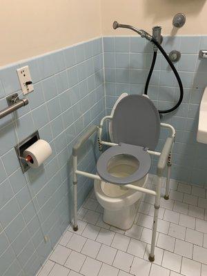 Regular toilet, not handicap. No grab bar. Notice the commode legs.... They only had that one available.