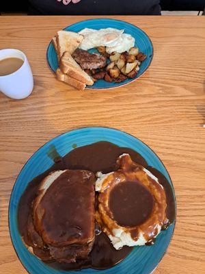 Hot meatloaf with mashed potatoes and the country breakfast (3 eggs, home fries, toast, and sausage patty).