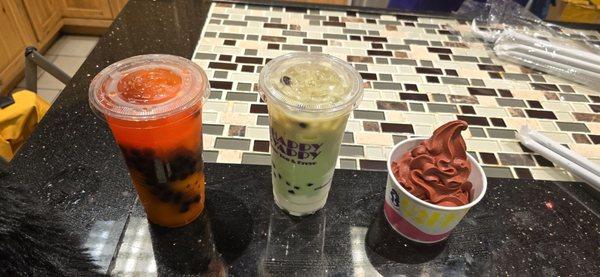 Watermelon slushy Boba, motcha tea Boba and chocolate red velvet froyo