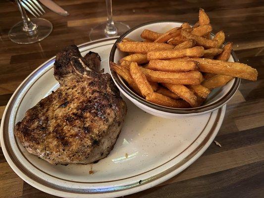 THE BIG FAT PORKCHOP - 16oz bone in pork ribeye, sweet potato fries