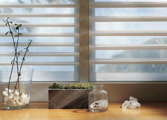 Pirouette Window Shades, by Hunter Douglas. These beautiful shades feature beautiful fabric options, and soft, adjustable fabric vanes.