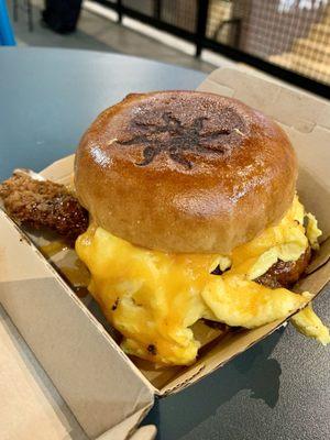 Hawt Hun-nay -- fried chicken in Sunny's Hawt Hun-nay, scrambled egg with cheese, served on a Sun Bun