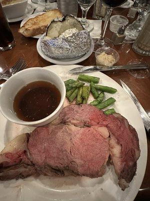 Prime Rib Queen Cut with a Baker and Asparagus a side of Au Jus