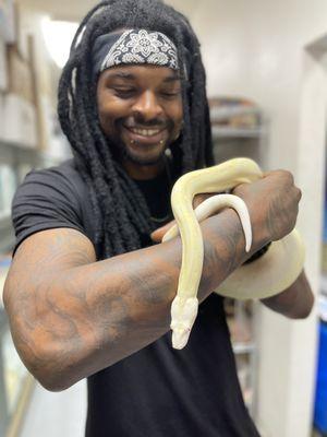 This is me and my Motley (kahl) albino boa.