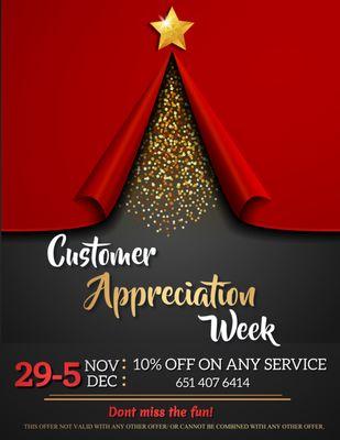 To our lovely customers!  DECEMBER SPECIAL  Enjoy 10% off on any service from Monday, November 29th to Sunday, December 4th.