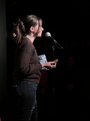 A standup competition (Wrenches Thrown) where Bree Kalhorn has to eat an entire bag of chips while doing her 2 minute set