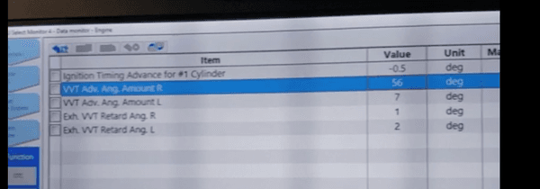 The diagnostic showing the cam gear stuck at 57 degrees instead of 7 degrees.